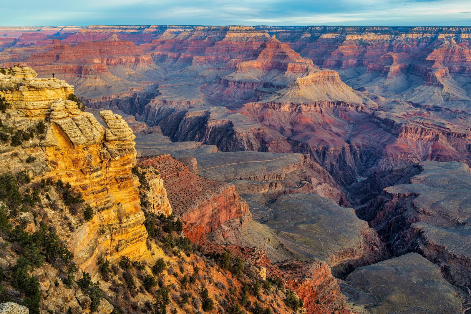 Layered red and grey buttes of the Grand Canyon stretching to the horizon from the South Rim